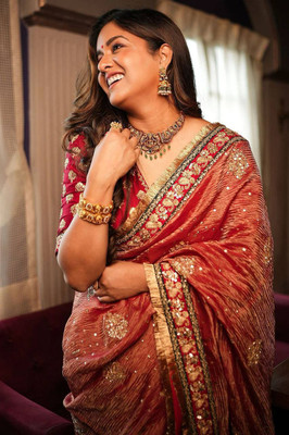 Subhmstore Self Design Bollywood Silk Blend Saree(Red)