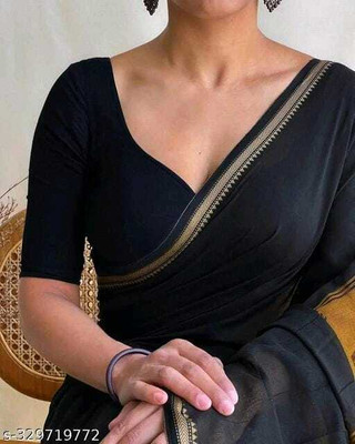 TRFASHIONHUB Solid/Plain Handloom Cotton Blend Saree(Black)
