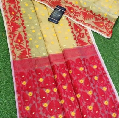 SARKARETHNIC Woven, Self Design Jamdani Handloom Cotton Silk Saree(Cream)