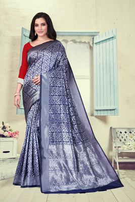 VARNI DESIGNER HUB Woven Banarasi Silk Blend Saree(Dark Blue)
