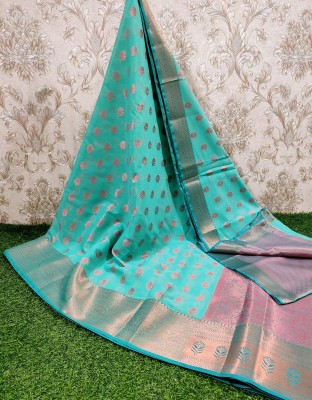 Tahira creation Woven Banarasi Cotton Linen Saree(Pack of 2, Light Green)