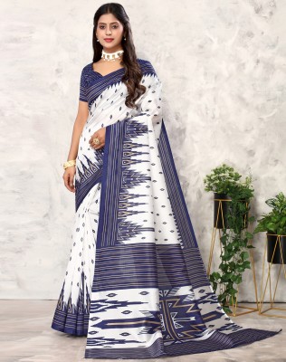 SIRIL Printed Daily Wear Cotton Silk Saree(Blue, White)