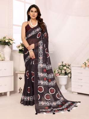 Bandhanivilla Digital Print Bollywood Cotton Linen Saree(Brown)