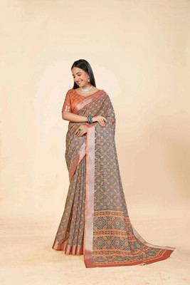 Rachna Printed Daily Wear Linen Saree(Orange, Grey)