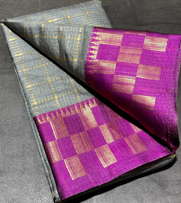 JbWorld Checkered, Woven, Self Design, Embellished Chettinadu Jacquard, Cotton Silk Saree(Grey, Purple)