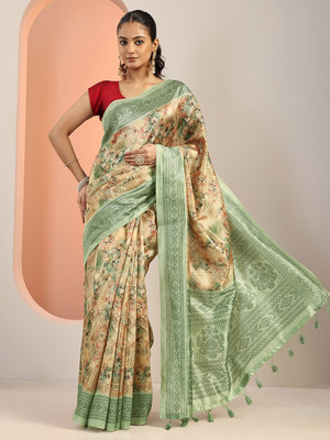 LIBAS Printed Daily Wear Silk Blend Saree(Green)