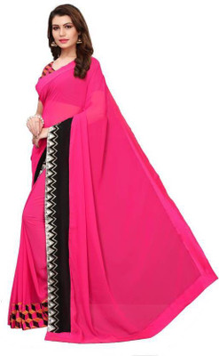 Anugrah Textile Solid/Plain Banarasi Lycra Blend, Chiffon Saree(Pink)