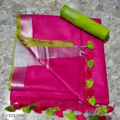 HAIDER ALI AND SONS Solid/Plain Bollywood Cotton Linen Saree(Pink)