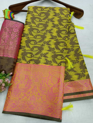 VAKHARIYAFAB Woven, Solid/Plain Bollywood Cotton Silk, Pure Silk Saree(Yellow)