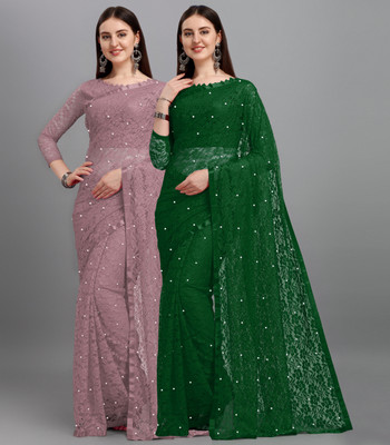LOROFY Self Design Bollywood Net Saree(Pack of 2, Green, Grey)