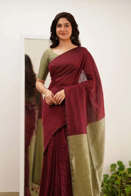pal saree mahal Solid/Plain Handloom Pure Cotton Saree(Green, Red)