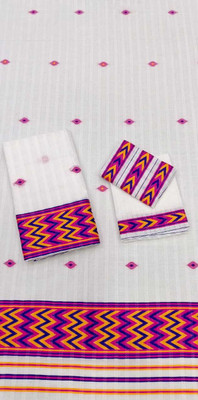 agarvalsilk mils Striped, Woven Mekhela Chador Handloom Cotton Blend Saree(Pink, White)