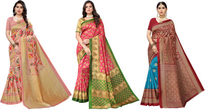 YASHIKA Printed, Woven Kanjivaram Art Silk Saree(Pack of 3, Pink, Blue, Red)