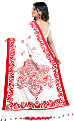 maadurga Printed Handloom Cotton Blend Saree(White)