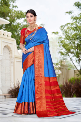 Jyanshu Creation Woven Banarasi Cotton Silk Saree(Blue)