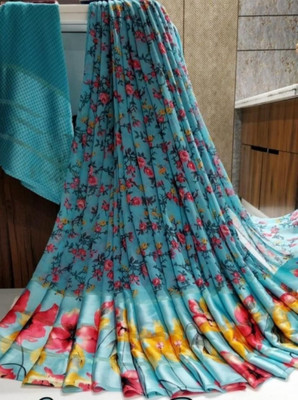 Bombey Velvat Fab Printed, Solid/Plain Pochampally Mulmul, Chiffon Saree(Light Blue)