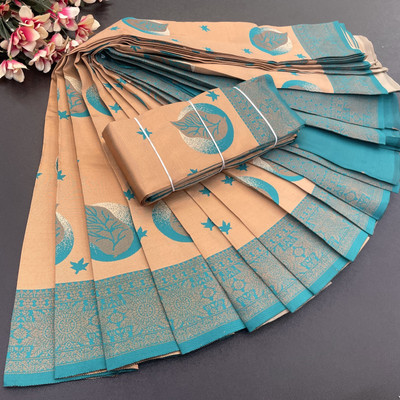 looknchoice Woven Kanjivaram Pure Silk, Art Silk Saree(Cream, Light Blue)
