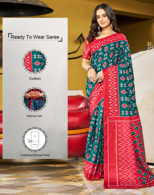 Satrani Printed Ikkat Pure Cotton Saree(Green, Maroon)