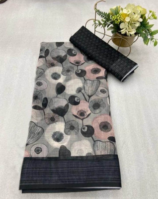 Mervadiya Printed Kanjivaram Cotton Linen, Linen Saree(Black)