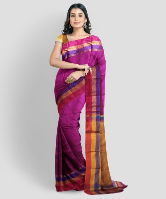 KAMANA TEXTILE QUALITY FASHION Striped Handloom Cotton Silk Saree(Magenta, Gold)