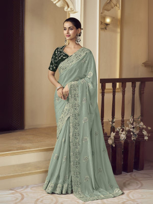 odette Embroidered Saree with Attached Blouse Georgette Saree(Pack of 2, Green)