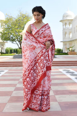 Hariguru fashio Printed Chanderi Cotton Blend Saree(Red)