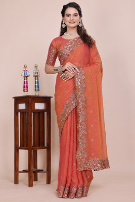 NEELMADHAV FASHION Embroidered Bollywood Tissue Saree(Orange)