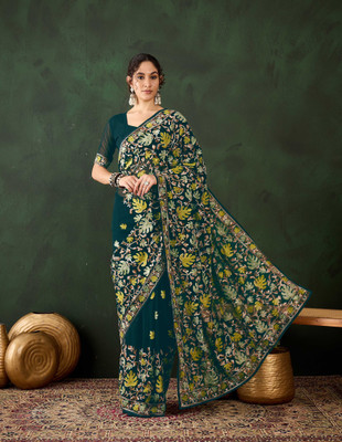 Sangria Embroidered Saree with Attached Blouse Georgette Saree(Blue)