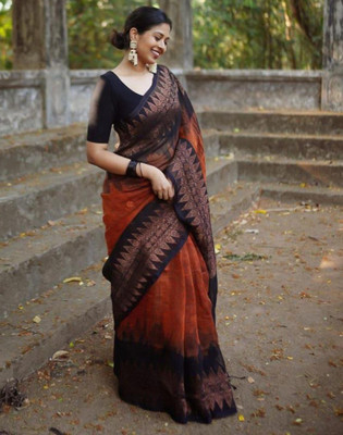 Satrani Woven, Embellished, Self Design Ikkat Cotton Blend Saree(Orange, Black)