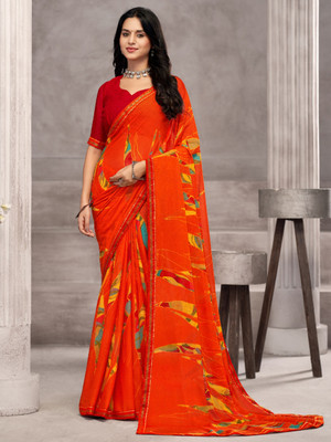 Divastri Floral Print, Geometric Print, Digital Print, Printed Bollywood Chiffon Saree(Orange)