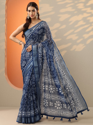 LIBAS Printed Daily Wear Cotton Blend Saree(Blue)