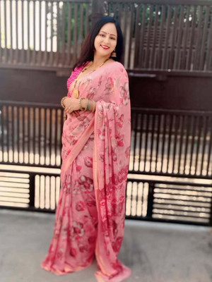 Moda Rapido Embellished, Floral Print Bollywood Georgette, Satin Saree(Pink)