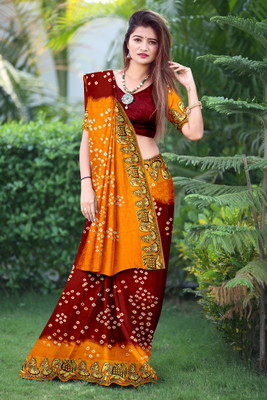 JERAVI Enterprise Printed Bandhani Art Silk Saree(Maroon, Yellow)