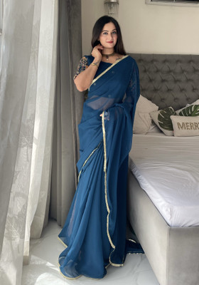 KONICA FAB Embroidered, Solid/Plain Bollywood Georgette Saree(Blue)