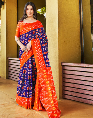 Samah Geometric Print, Printed Ikkat Pure Cotton Saree(Purple, Orange, White)