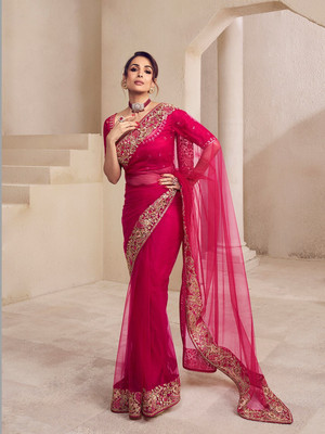 Paramparik Textile Embroidered Bollywood Net Saree(Magenta)