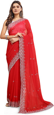 SIZU Embroidered, Solid/Plain Bollywood Georgette Saree(Red)