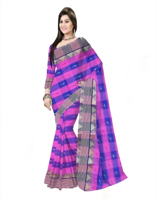 Pradip Fabrics Checkered Tant Pure Cotton Saree(Pink, Blue)