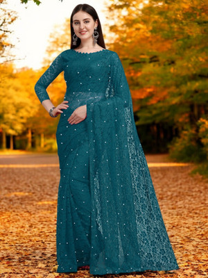 NORAFLEX Embroidered Bollywood Net Saree(Blue)