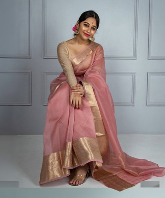 KRIYANSH Self Design, Woven, Printed, Temple Border, Striped, Applique Bollywood Jacquard, Organza Saree(Pink)