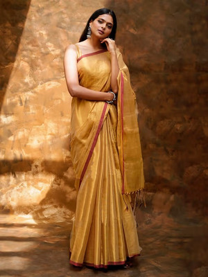 online saree hut Woven Kanjivaram Pure Silk Saree(Gold)