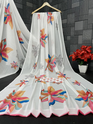 Pemal Designer Floral Print, Printed Bollywood Georgette Saree(Grey)