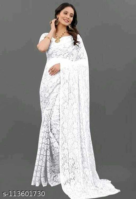 Aarya creation Self Design Bollywood Net Saree(White)