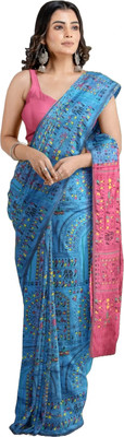 HouseOfCommon Printed Handloom Cotton Silk Saree(Light Blue)