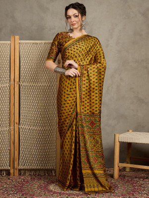 Tasrika Printed Hand Batik Crepe Saree(Mustard)