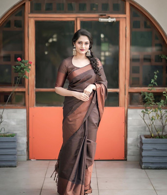Rudr Ventures Embroidered Banarasi Silk Blend Saree(Brown)