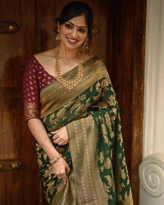 Rudr Ventures Embroidered Banarasi Jacquard Saree(Green)