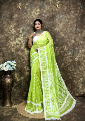 DRAPERIA Woven Jamdani Cotton Silk Saree(Light Green)