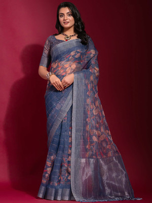 Tasrika Embellished Bollywood Linen Saree(Blue)