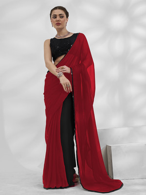 Kalista Solid/Plain Bollywood Chiffon Saree(Red)